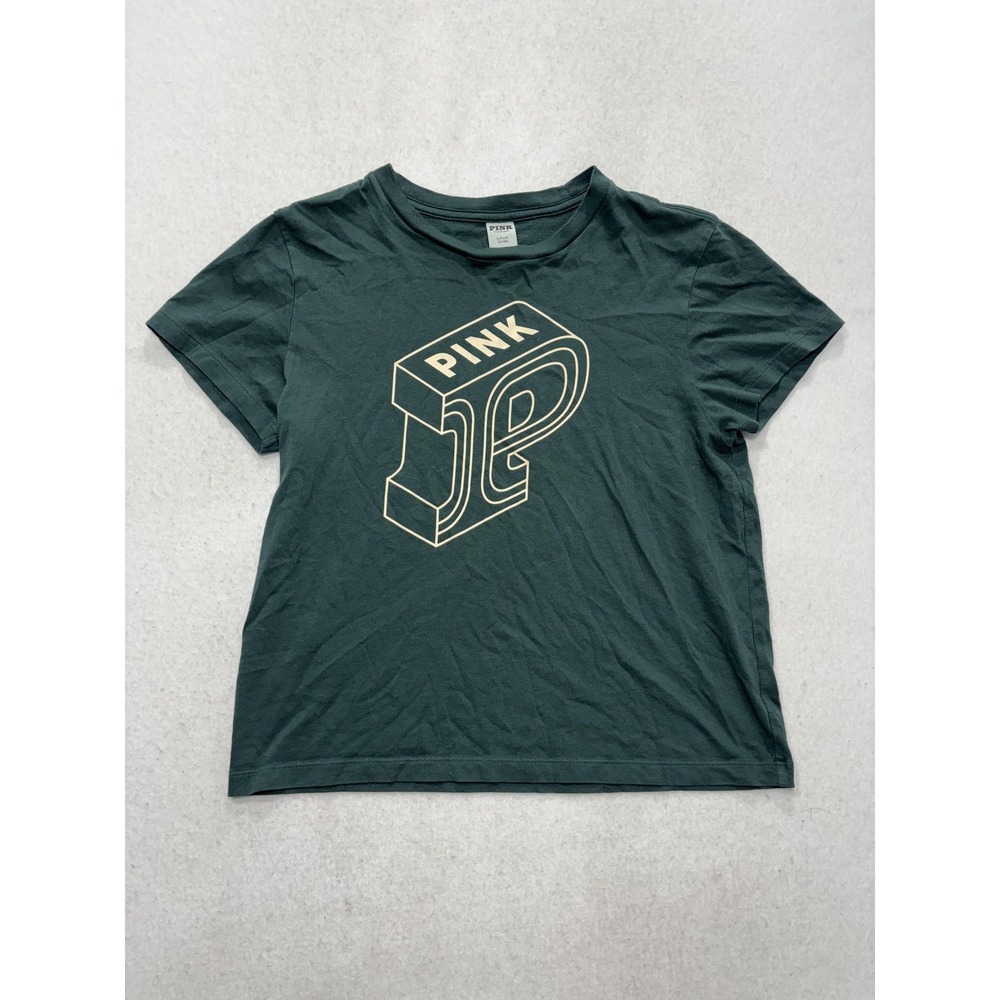 PINK Victoria's Secret Shirt Womens S Green Crew Neck 3D Logo Graphic Tee Casual